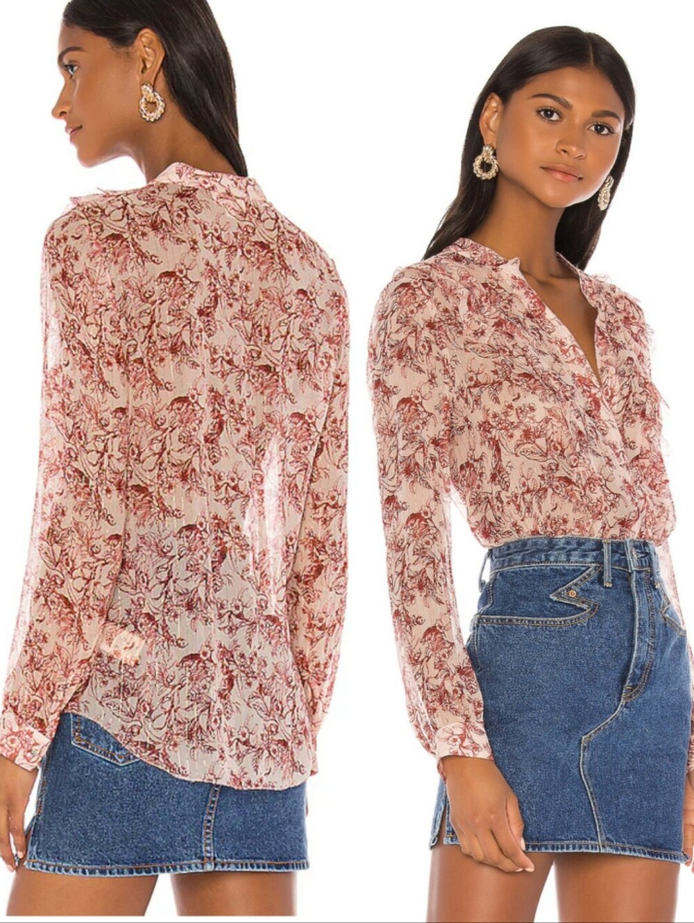 L`AGENCE Nadine Silk Ruffle Shoulder Floral Blouse